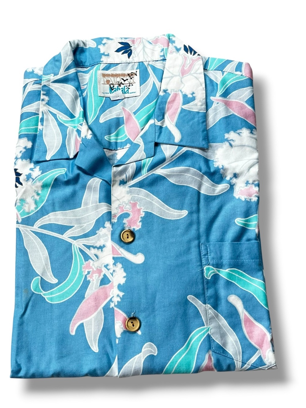 Kahala Hawaiian Shirt Tropical Floral Print Blue Button Up Short Sleeve Size XL